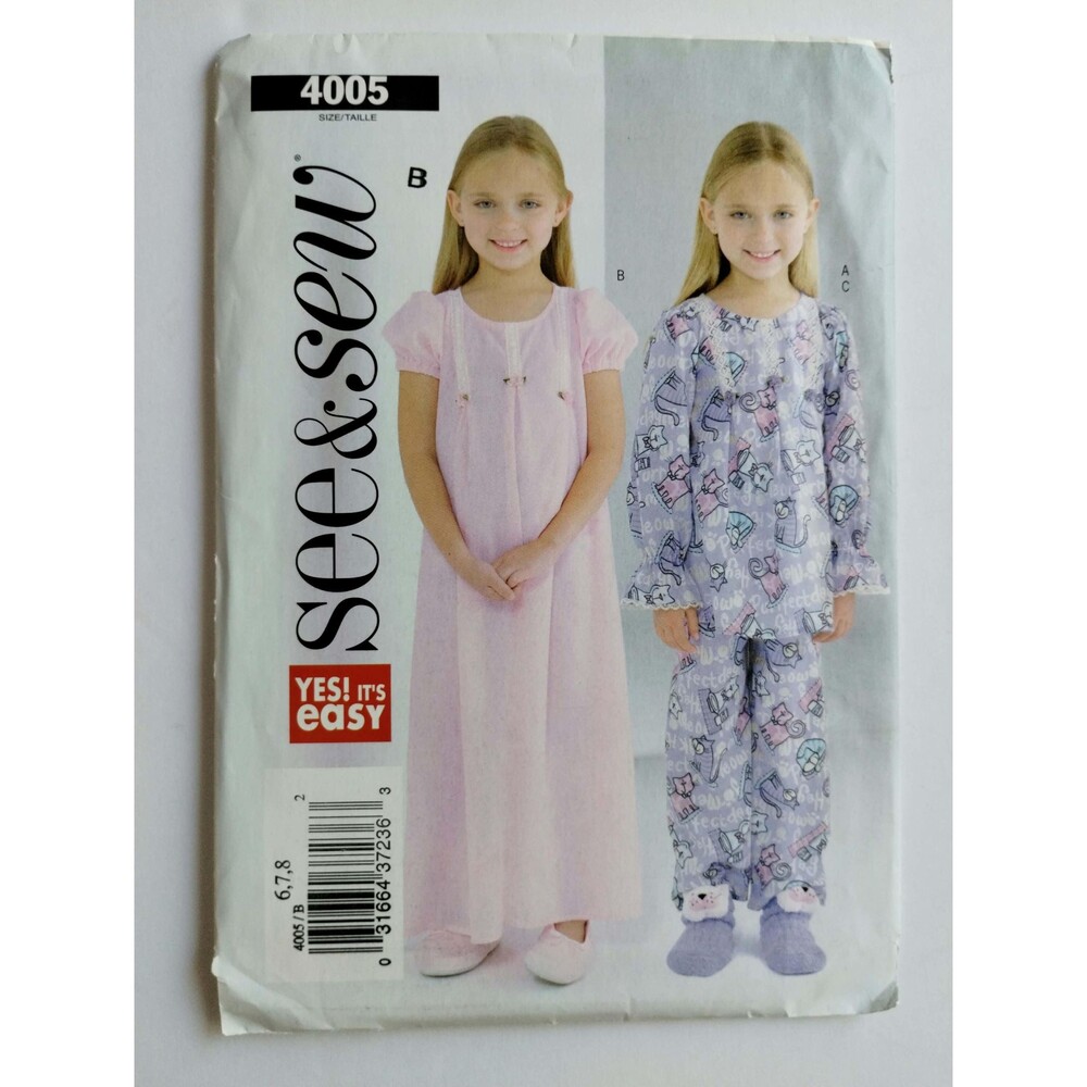 4005 Sew & Sew Sewing Pattern, Childrens/Girls Nightgown Top and Pants, Size 6-8
